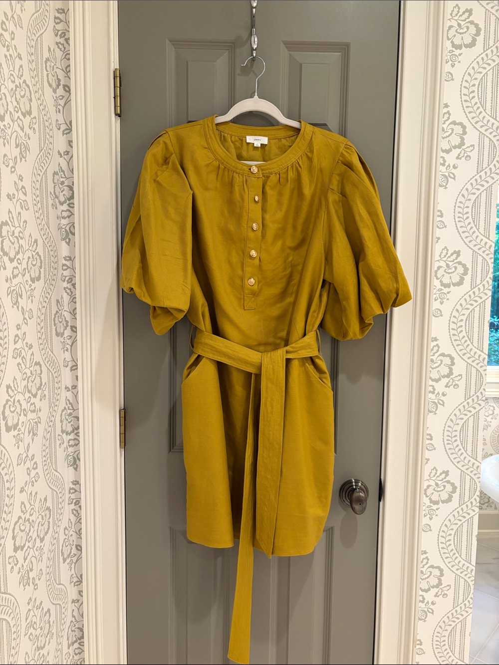Women’s Puff-Sleeve Mini Dress with Waist Tie - Mustard
